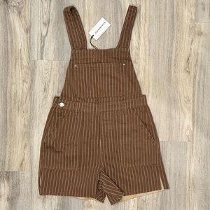 NWT We Wore What Shorts Bib Overalls Brown Pinstripe Cotton W/ Side Slit Size S